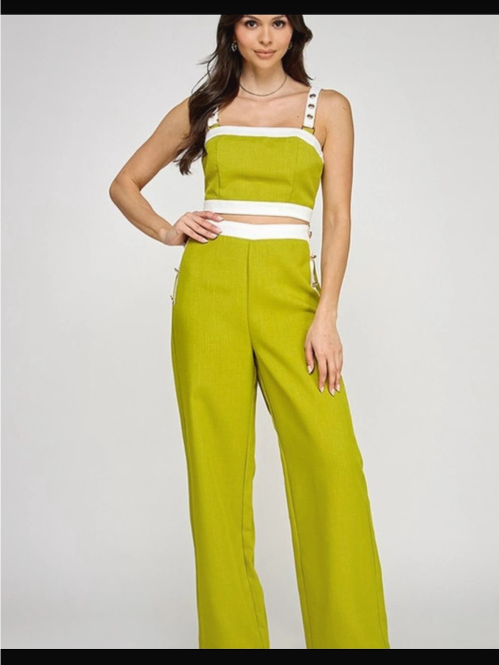 Women's Lime Green Two-Piece Wide-Leg Jumpsuit Set